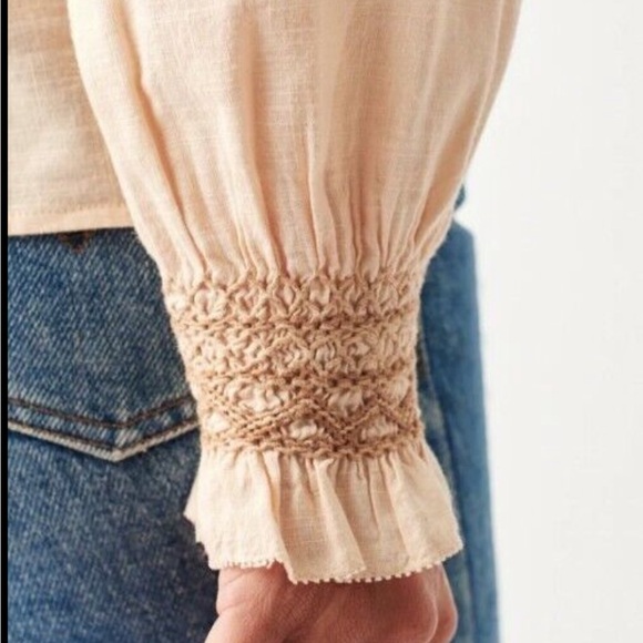 Faherty Arles Brown Embroidered Peasant Blouse White Balloon Sleeve Boho Sz XS - Picture 4 of 12